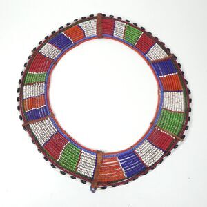 Beaded Collar Necklace African Maasai Kenya Vintage Multicolor Glass Leather